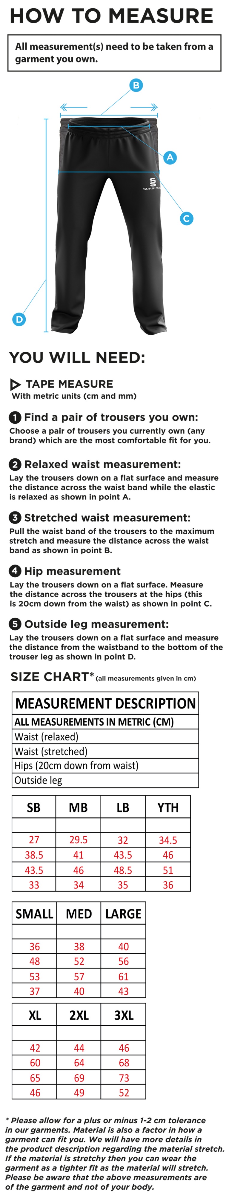 Moldgreen Rugby Club Ripstop Track Pant - Size Guide