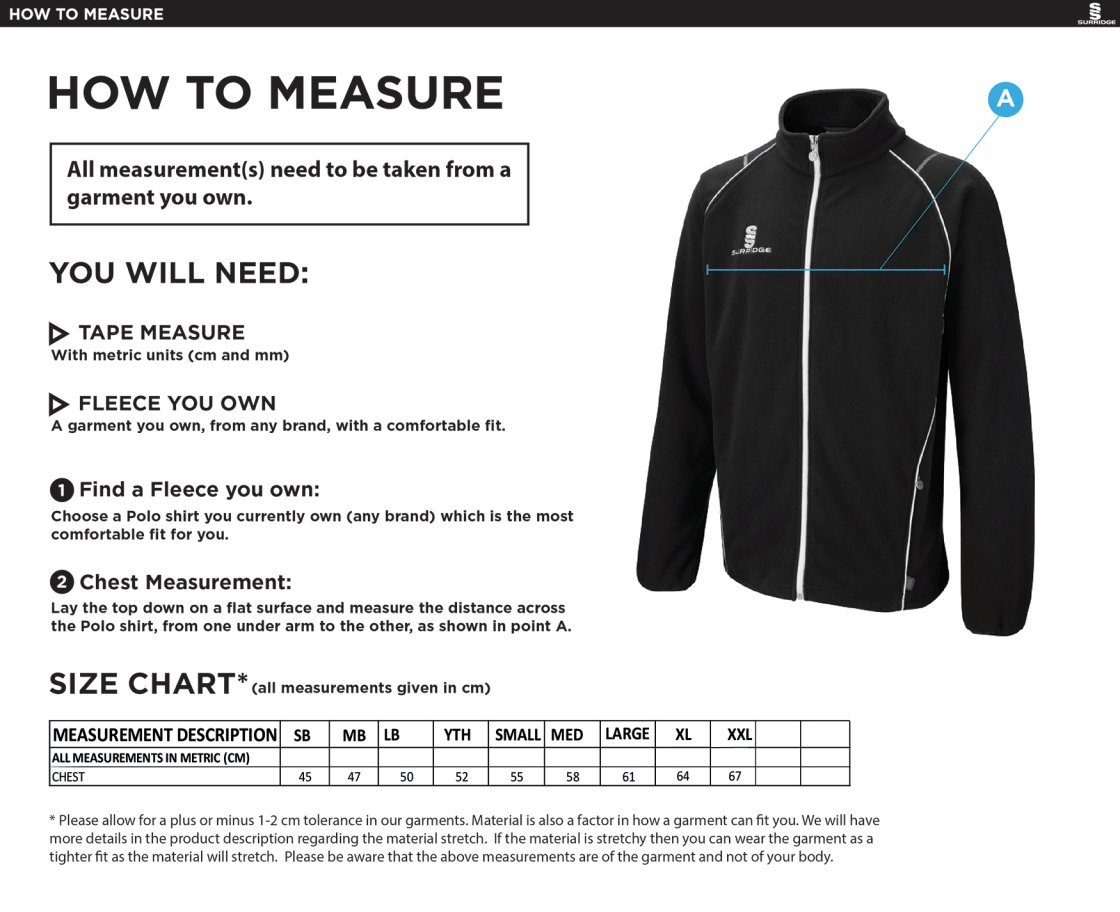 MOLDGREEN RUGBY CLUB FULL ZIP FLEECE JACKET - Size Guide